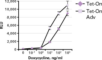 HEK 293細胞においてTet-On Advanced rtTAのドキシサイクリンに対する感度はTet-On rtTAより10倍増加